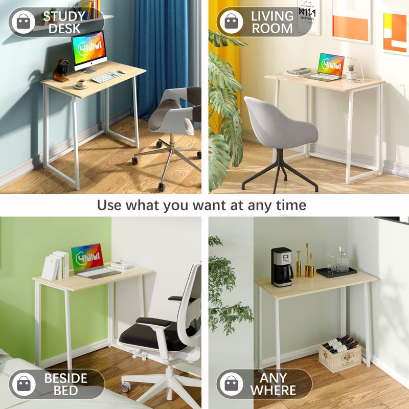 4NM 31.5" Small Folding Desk, Foldable Computer Home Office Desk, Study Writing Table for Small Space Saving Bedroom, Easy Assembly - Natural and White - Image 4
